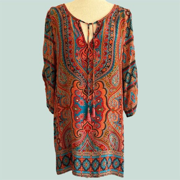 Tolani Boho Silk Tunic Dress Size M Vibrant Festival Hippie Tassels Cover Up - Picture 1 of 16